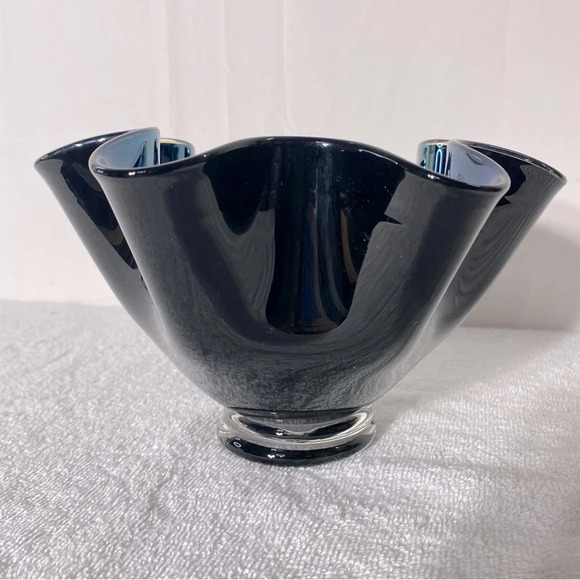 Handblown Ripple Edge Blue Black Glass Opal Cut Glass Handkerchief Vase Bowl - Picture 11 of 15